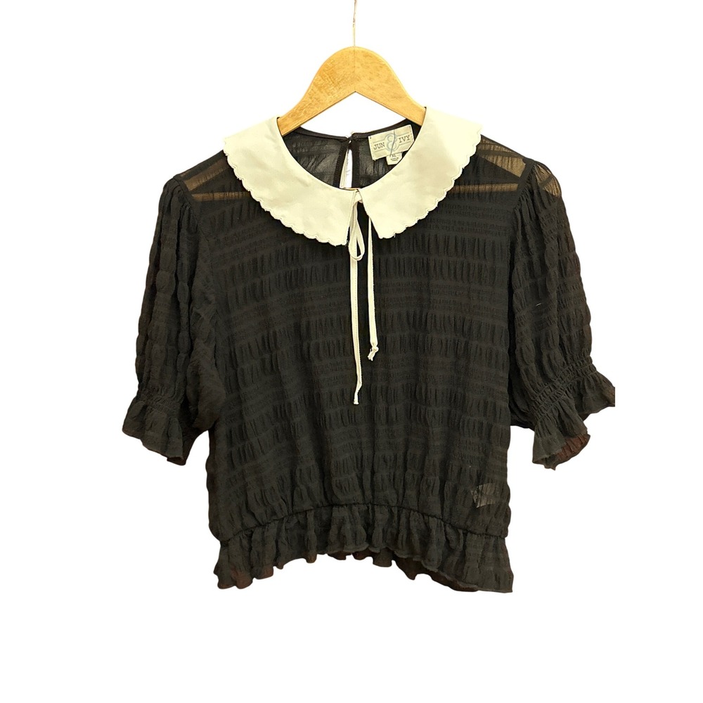 Jun & Ivy Blouse XL Black Sheer Textured Peter Pan Collar Ruffle Sleeve Top